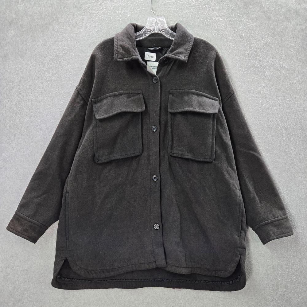 Abercrombie & Fitch Women Jacket‎ Large Gray Shacket Fleece Pockets Long Sleeve